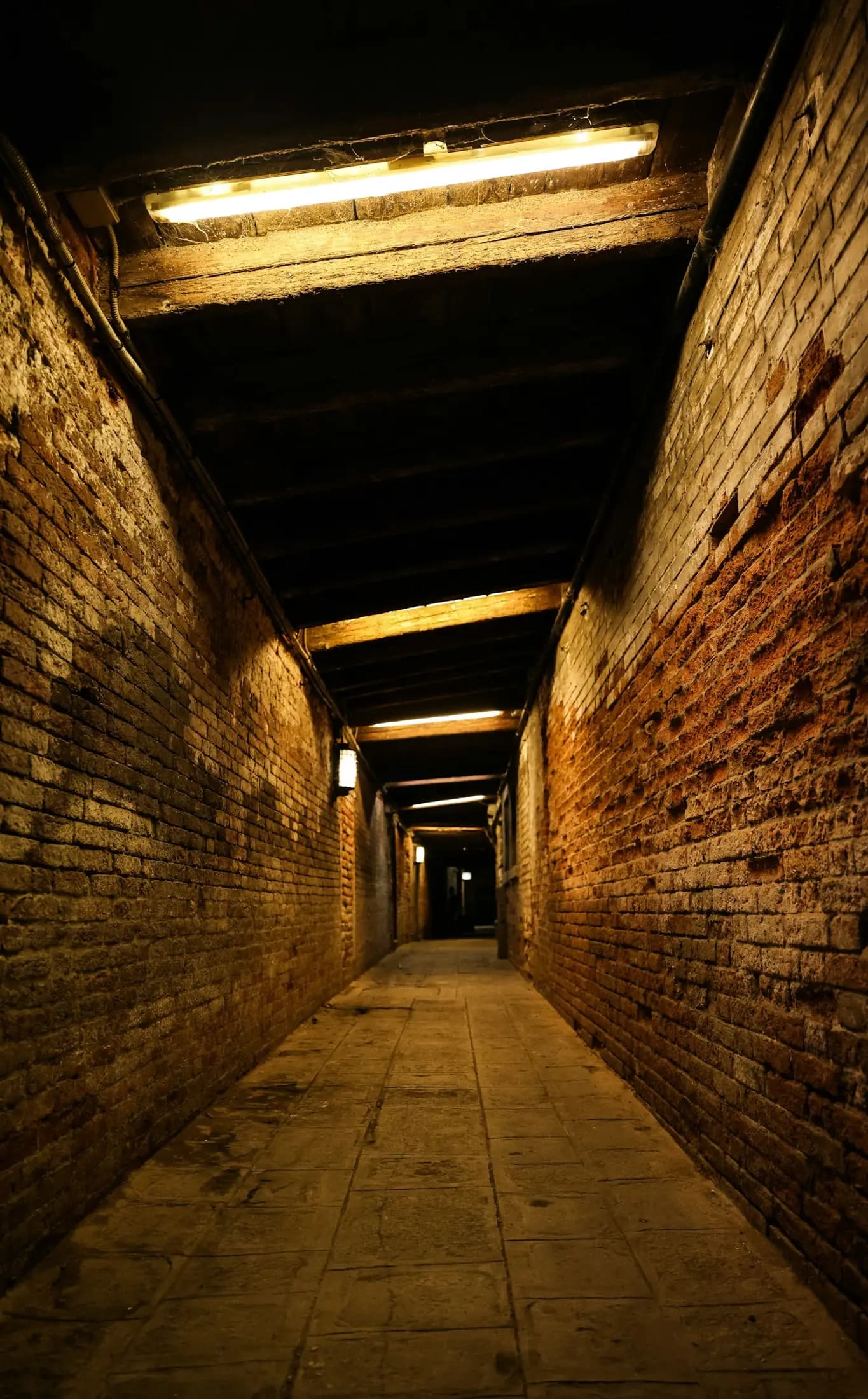 A long brick corridor lit from the ceiling