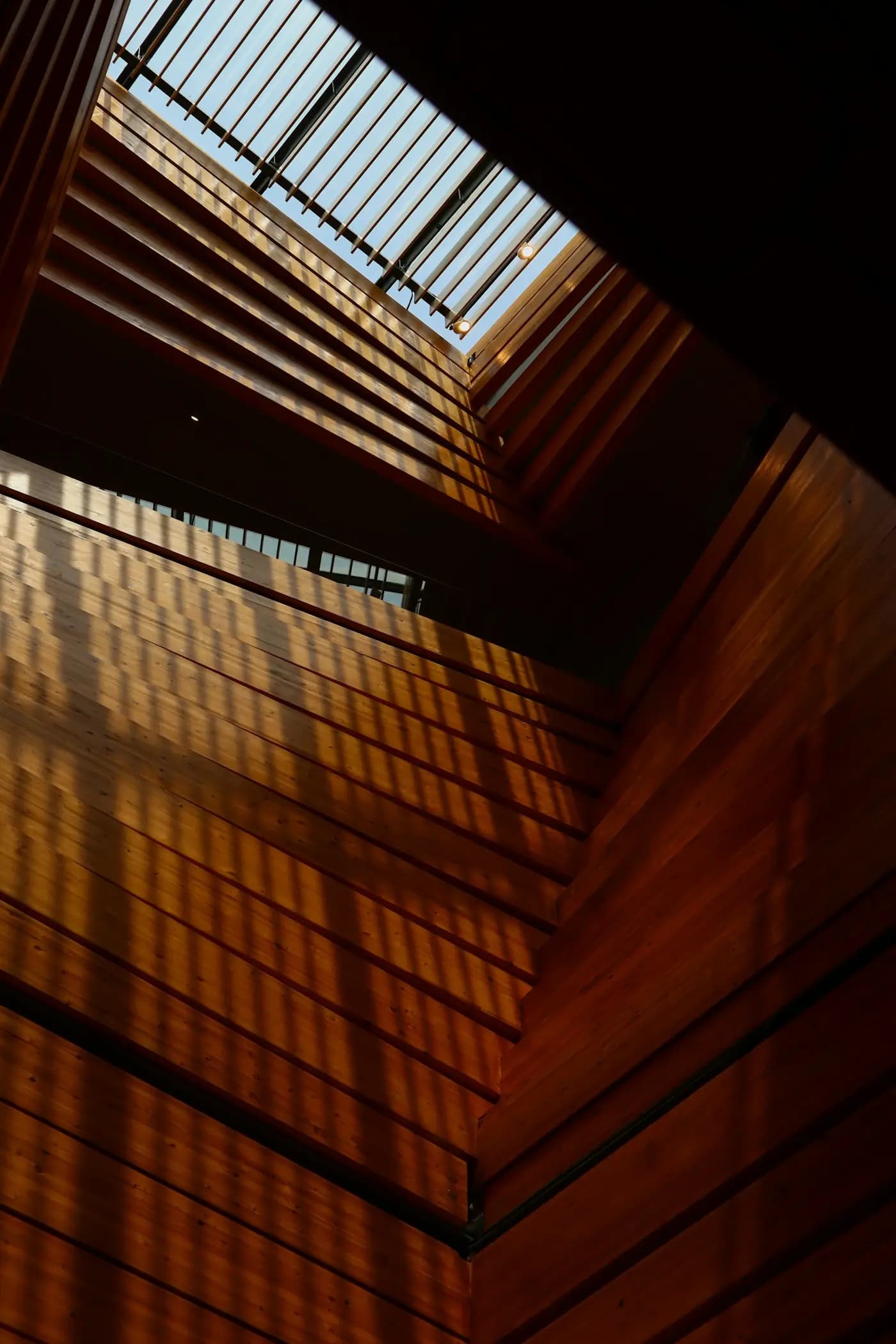 Wooden slats under a skylight